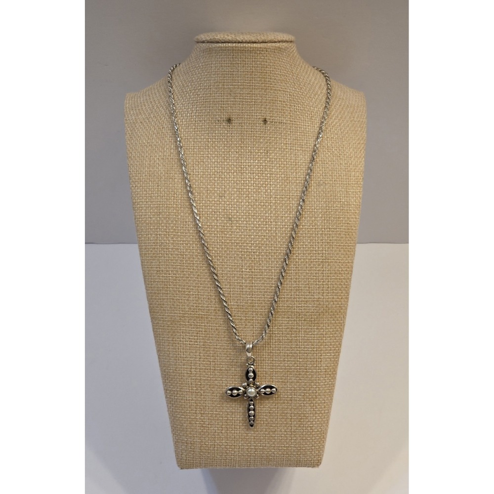 Retired Silpada Sterling Silver Pearl Cross Pendant Sterling Italian Rope Chain